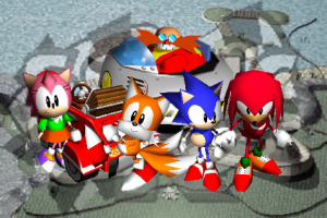 Sonic, Tails, Knuckles, Amy, and Robotnik (Eggman) are all ready to burn some rubber!